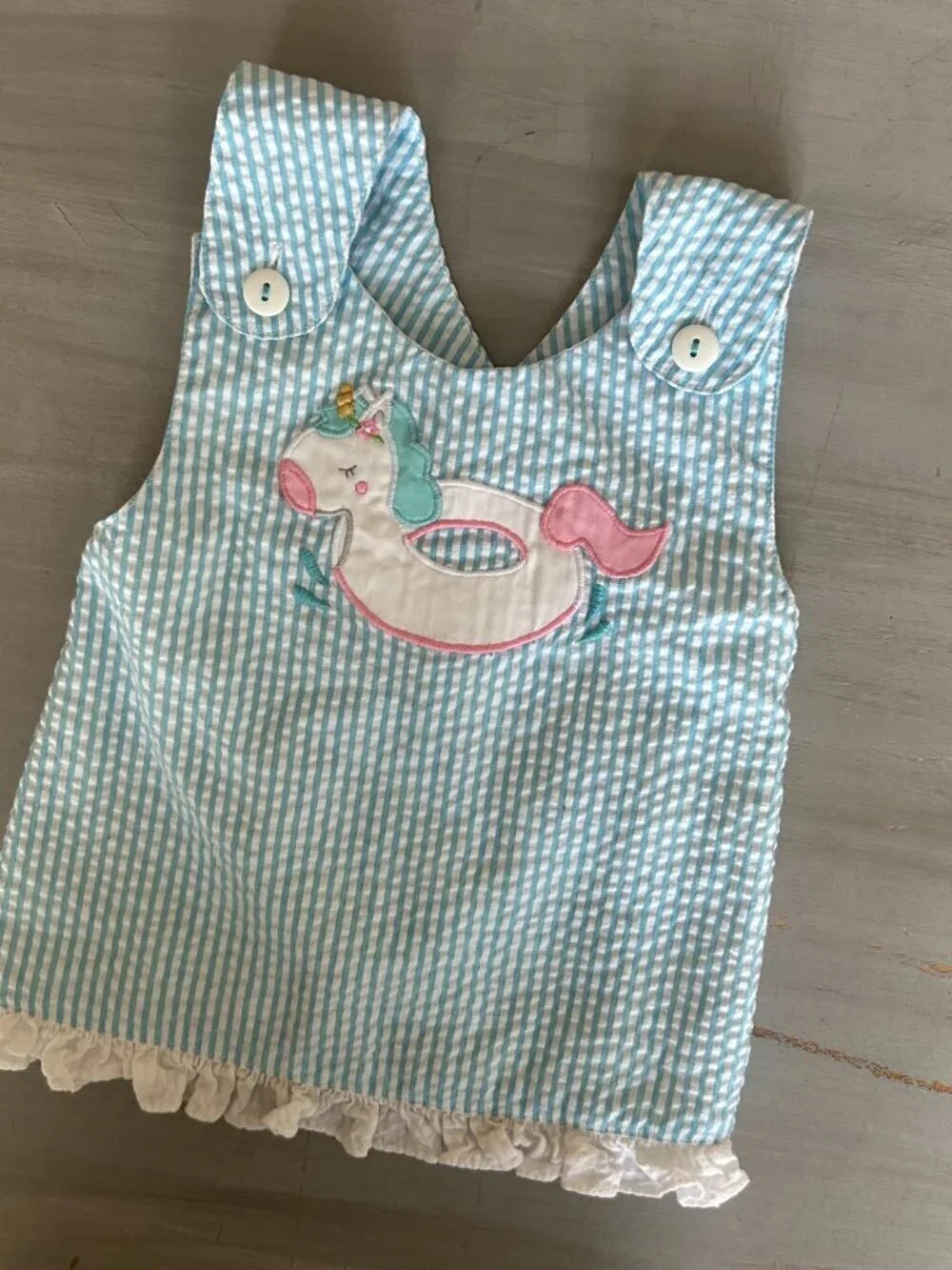 Petit Ami Baby Girls Size 3 months Unicorn Pool Float Seersucker Applique Popove